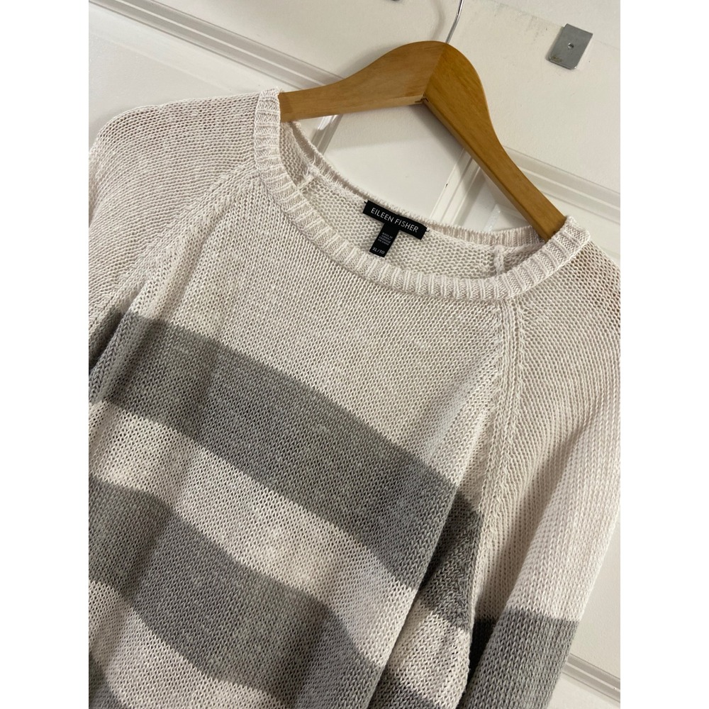 Eileen Fisher Organic Linen Cotton Striped Sweater XL Grey Cream Raglan Knit